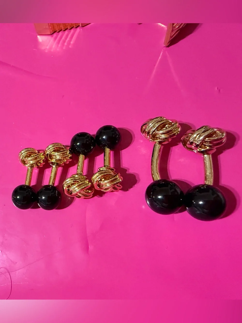 3 Sets (Lg & 2 Sm) Gold Tone Love Knot/Black Onyx Ball Cuff Links Saks Fifth Ave